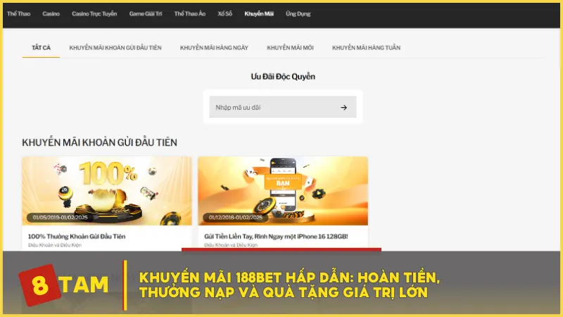 Khuyến mãi 188BET hấp dẫn: Hoàn tiền, thưởng nạp và quà tặng giá trị lớn