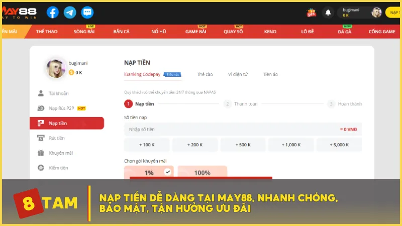 Nạp tiền dễ dàng tại MAY88, nhanh chóng, bảo mật, tận hưởng ưu đãi