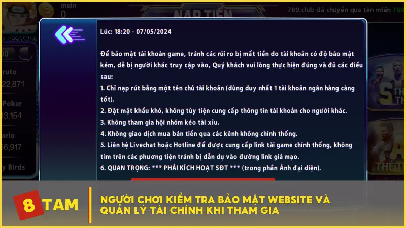 Người chơi kiểm tra bảo mật website và quản lý tài chính khi tham gia