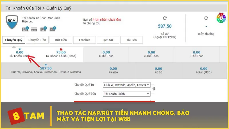 Thao tác nạp/rút tiền nhanh chóng, bảo mật và tiện lợi tại W88