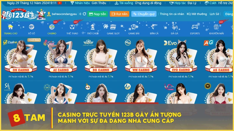 Casino trực tuyến 123B gây ấn tượng mạnh với sự đa dạng nhà cung cấp