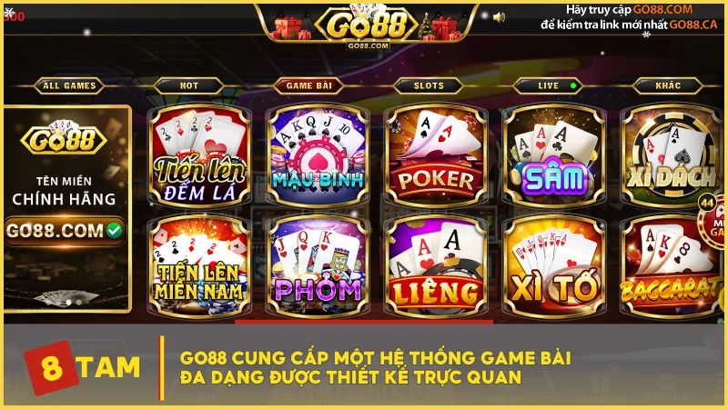 GO88 cung cấp một hệ thống game bài đa dạng được thiết kế trực quan 