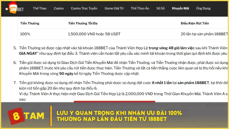 Lưu ý quan trọng khi nhận ưu đãi 100% Thưởng Nạp Lần Đầu Tiên từ 188BET